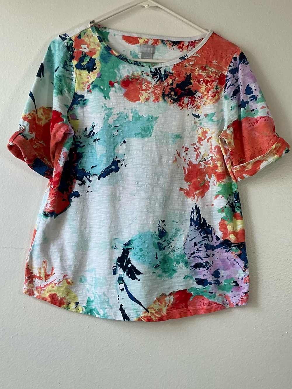 Chico’s Watercolor Floral Short Sleeve Top Size 1 M Slub Knit Boho Y2K